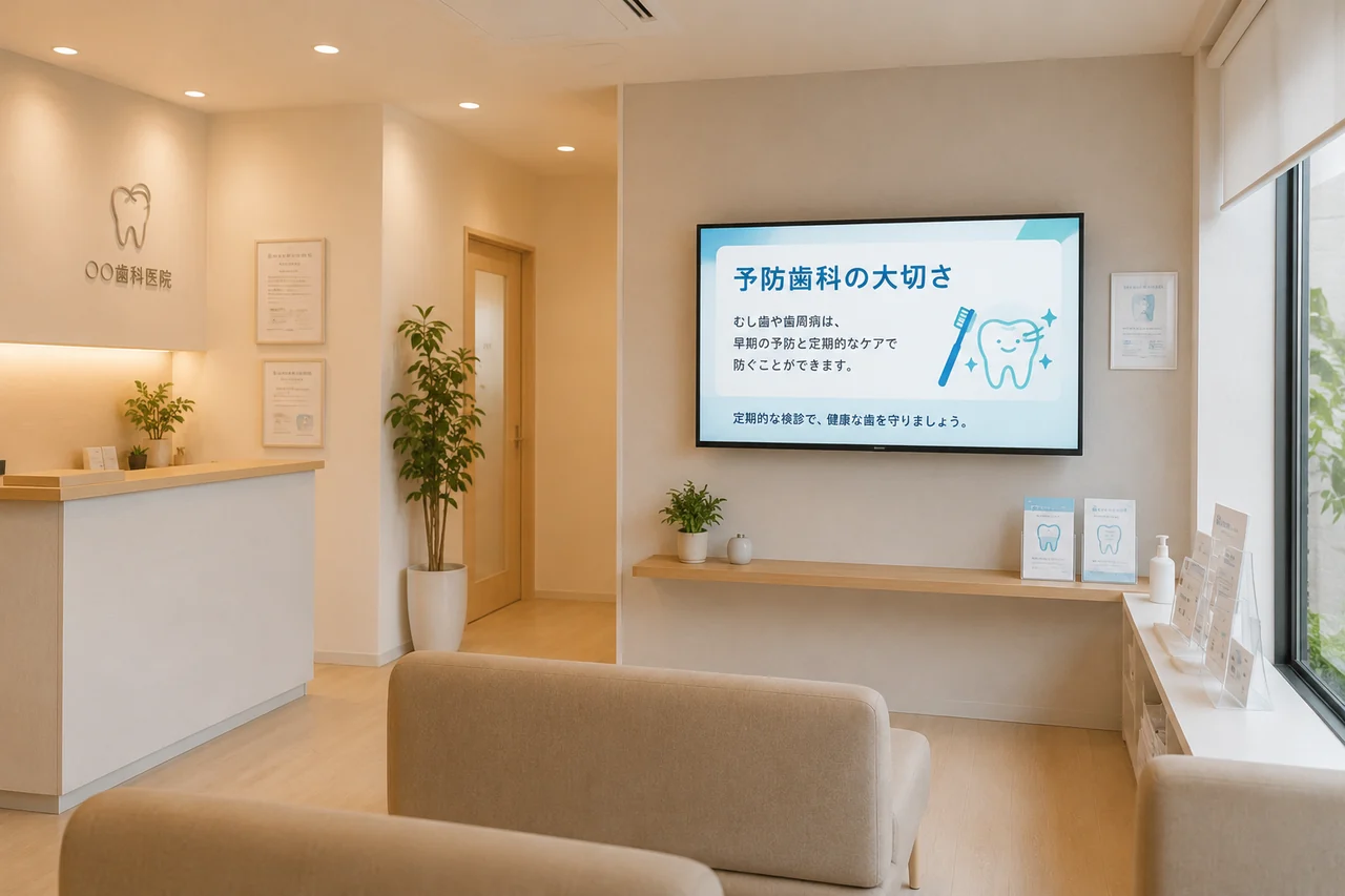 テレビを活用した清潔感のある歯科医院の待合室