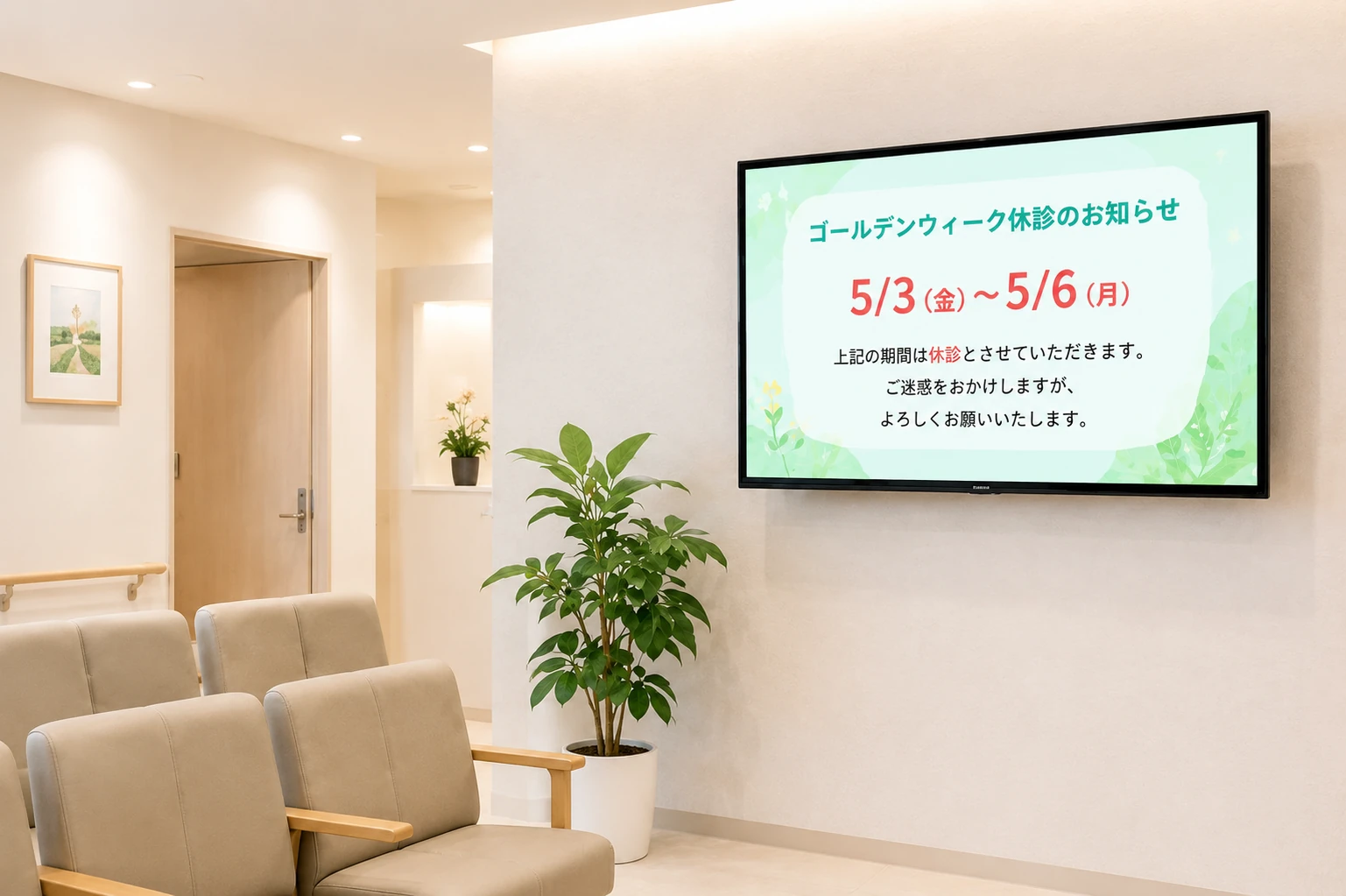 待合室のテレビに休診案内の表示例を映しているイメージ