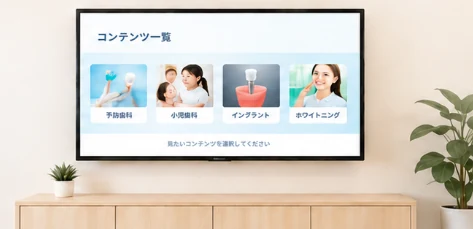 待合室のテレビに歯科向け動画コンテンツが並ぶイメージ