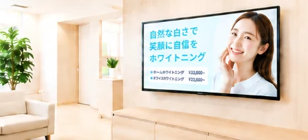 待合室のテレビで歯科コンテンツを表示している明るい院内