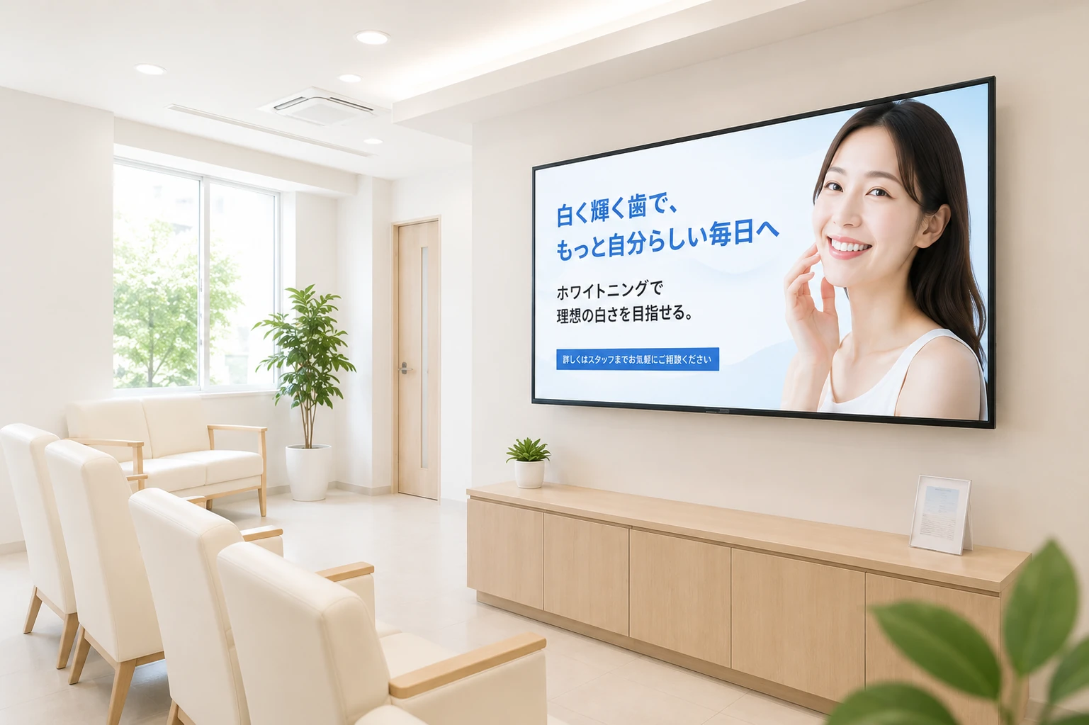 明るい歯科医院の待合室で、案内を表示したテレビを設置しているイメージ